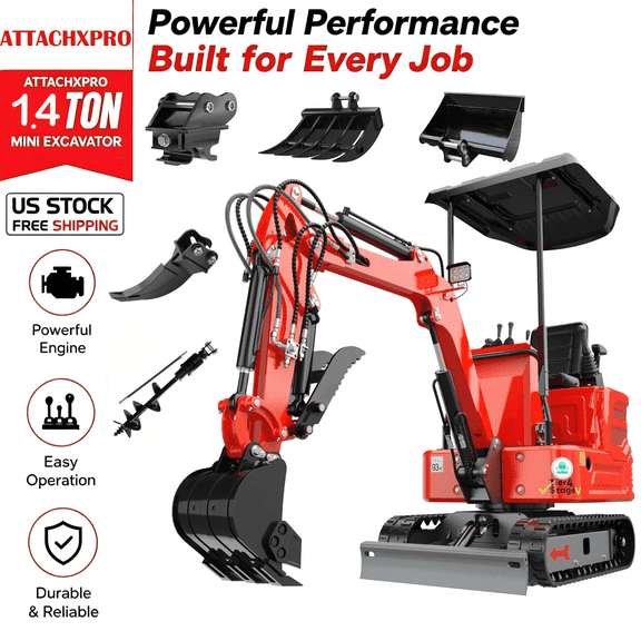1.4 Ton Mini Excavator Kubota Engine with Pilot System , Water-Cooled Diesel Digging Comes with quick change, rake, 500mm mud bucket, 200mm rotary drill, ripperFree shipping, US Stock