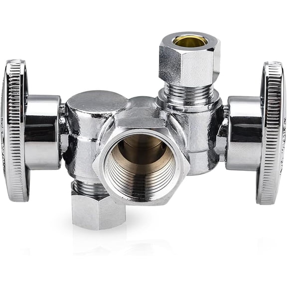 1/4 Turn Dual Compression Outlet Angle Stop Valve with 2 Shut Off Valve/Handles, 1/2" Fip Iron Pipe Inlet X (3/8 inch x 3/8 inch),Chrome Plated,(VALVE140)