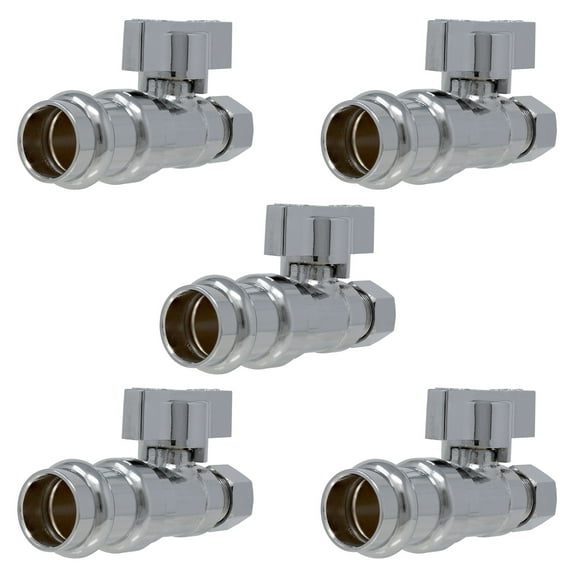 1/4 Turn Press Straight Stop Valve, 1/2" Press x 3/8" OD Compression Miiflex Heavy Duty Chrome Plated Brass Quarter Shut Off Valve with Ferrule and Nut for Residential/Commercial [5 Pack]