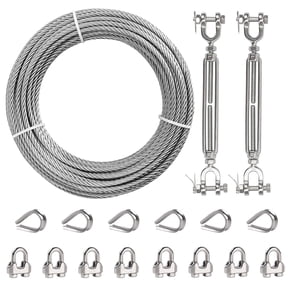 Tootaci 1/4" Wire Rope Kit, 50ft 1400 lbs Stainless Steel Cable with 1/4 Turnbuckle, Clamp & Thimble, 7x19 Strands Heavy Duty Metal Cable for Zipline, Deck Railing, Boat Lift, Shade Sail