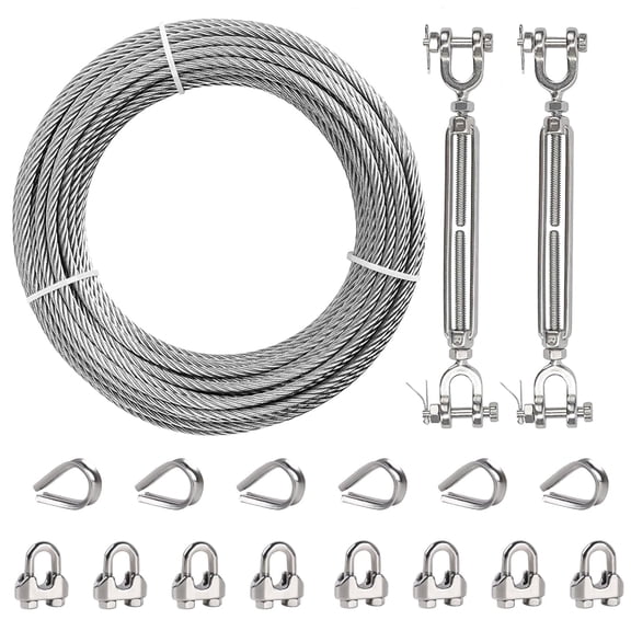 Tootaci 1/4" Wire Rope Kit, 50ft 1400 lbs Stainless Steel Cable with 1/4 Turnbuckle, Clamp & Thimble, 7x19 Strands Heavy Duty Metal Cable for Zipline, Deck Railing, Boat Lift, Shade Sail