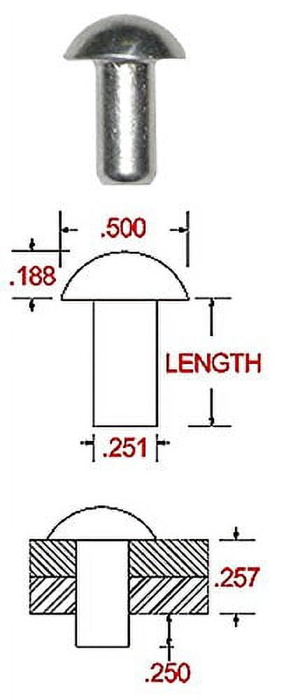 1/4 X 3/4 Length, Solid 1100F Aluminum Round Head Rivet, Plain Finish ...