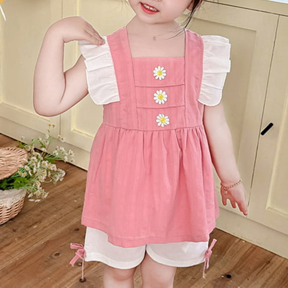 1-4 Years Children's Fashion Plaid Floral Flying Sleeve Bow Shorts Two-piece Set Short Sleeved Round Neck Top/shirt Set