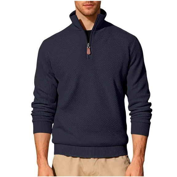 1/4 Zip Pullover Men - Long Sleeve Zipper Stand Collar Sweaters Mens Ribbed Casual Fall Winter Solid Color Tops (L, Navy)