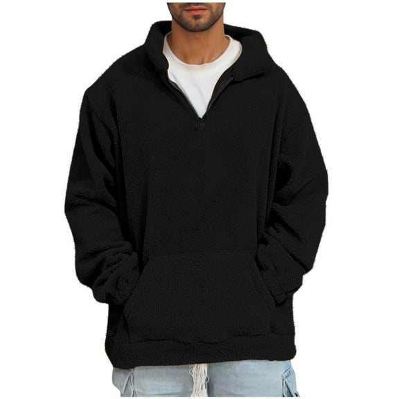 1/4 Zip Pullover Men Ultra Soft Fleece Sweater Pullover Pocketed Fuzzy Winter Sweatshirt Coat (2XL, Black)