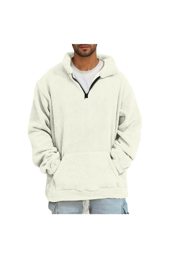 1/4 Zip Pullover Men Ultra Soft Fleece Sweater Pullover Pocketed Fuzzy Winter Sweatshirt Coat (3XL, White)