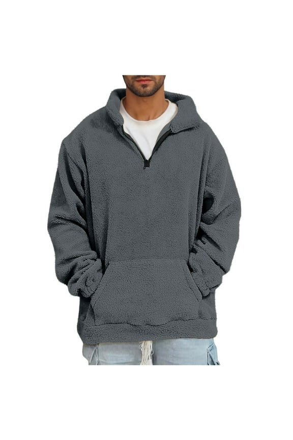 1/4 Zip Pullover Men Ultra Soft Fleece Sweater Pullover Pocketed Fuzzy Winter Sweatshirt Coat (L, Dark Gray)