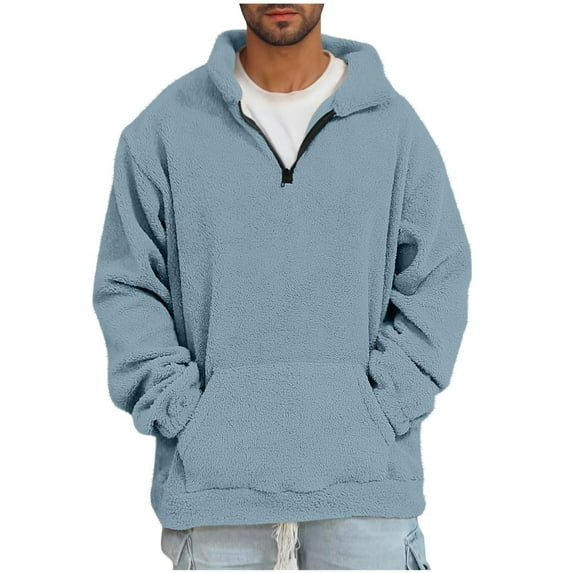 1/4 Zip Pullover Men Ultra Soft Fleece Sweater Pullover Pocketed Fuzzy Winter Sweatshirt Coat (S, Blue)