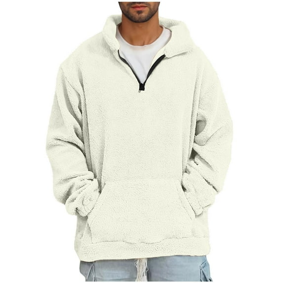 1/4 Zip Pullover Men Ultra Soft Fleece Sweater Pullover Pocketed Fuzzy Winter Sweatshirt Coat (XL, White)