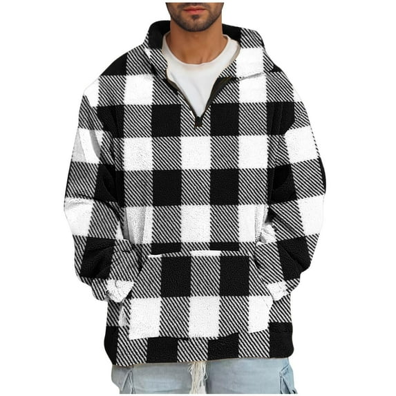 1/4 Zip Pullover Men, Ultra Soft Fleece Sweater Pullover Pocketed Vintage Plaid Printed Western Clothes (S, Black|Plaid)