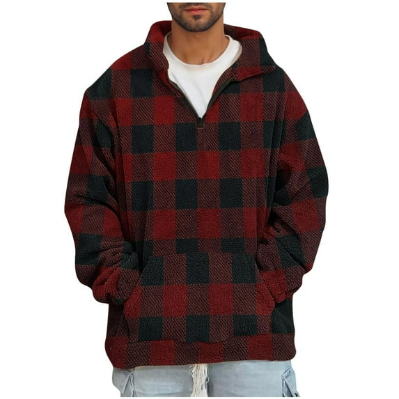 1/4 Zip Pullover Men, Ultra Soft Fleece Sweater Pullover Pocketed Vintage Plaid Printed Western Clothes (S, Wine|Plaid)