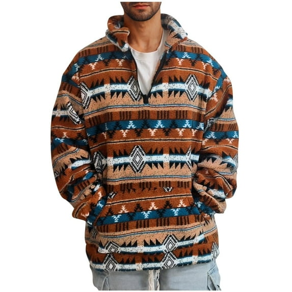 1/4 Zip Pullover Men, Ultra Soft Fleece Sweater Pullover Pocketed Vintage Plaid Printed Western Clothes (XL, Brown)
