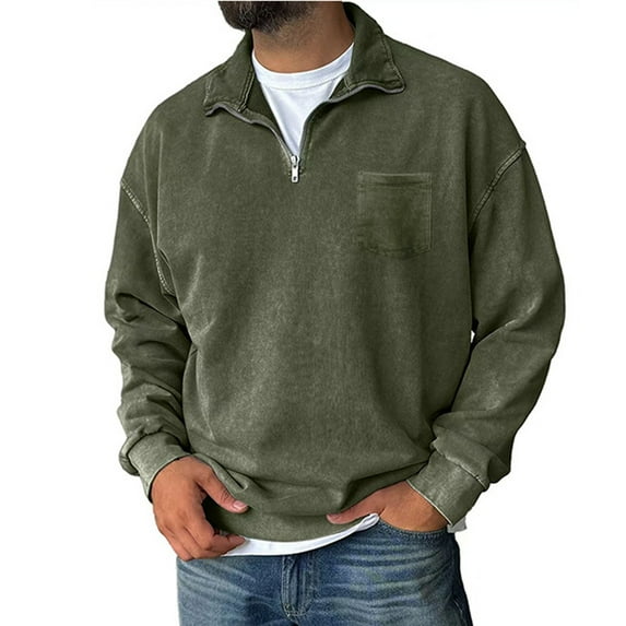 1/4 Zip Pullover Mens Fall Winter Vintage Mock Neck Sweatshirt Loose Classic Distressed Pullover with Pockets Army Green L