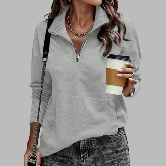 1/4 Zip Up Pullover Women Sweatshirt without Hood Trendy Oversized Solid Color Long Sleeve Loose Comfy Tops Outfits Y2K Loose Casual Warm Heavy Weight Winter Clothes with Pockets