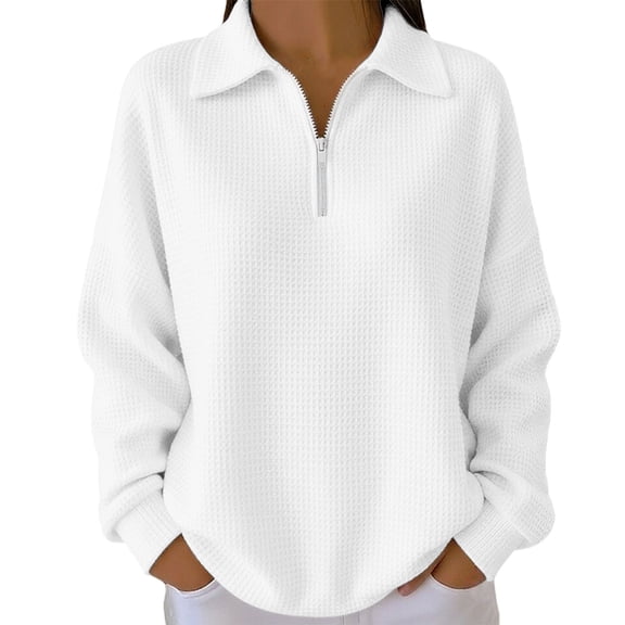 1/4 Zip Pullover Women, Yigetop Ladies Zipper Sweatshirt Collar Long Sleeve Comfort Color Oversized Fashion Solid Color Pullover with Pocket Sweatshirt for Women, White, M