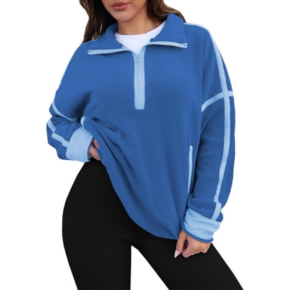 1/4 Zip Pullover Women, Yigetop Womens Casual Long Sleeve Half Zip Fleece Pullover Oversized Hoodies Fuzzy Sweatshirt Long Sleeve Shirts Clothes Fall Sweatshirts for Women, Blue 2XL