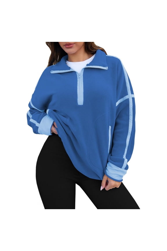 1/4 Zip Pullover Women, Yigetop Womens Casual Long Sleeve Half Zip Fleece Pullover Oversized Hoodies Fuzzy Sweatshirt Long Sleeve Shirts Clothes Fall Sweatshirts for Women, Blue 2XL