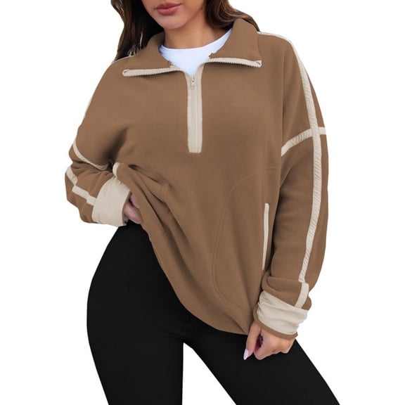 1/4 Zip Pullover Women, Yigetop Womens Casual Long Sleeve Half Zip Fleece Pullover Oversized Hoodies Fuzzy Sweatshirt Long Sleeve Shirts Clothes Fall Sweatshirts for Women, Coffee 2XL