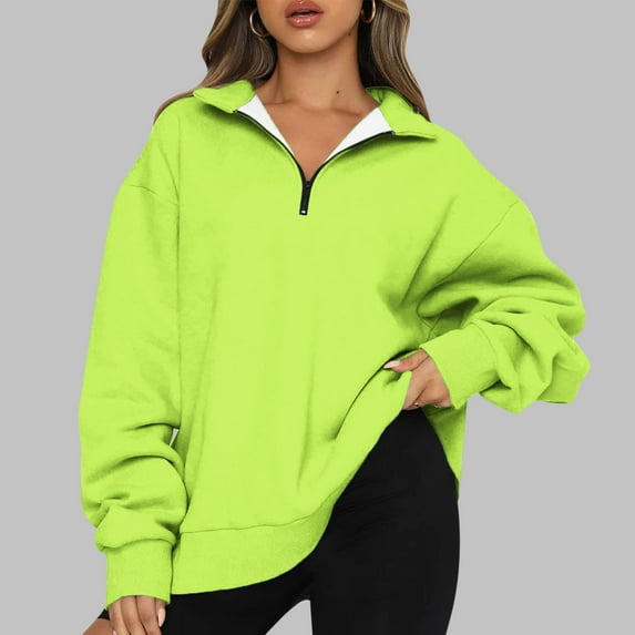 1/4 Zip Pullover Womens Spring Solid Color Basic Baggy Half Zip Sweatshirt Long Sleeve Lapel Clothes Oversized Trendy Pullover Shirts Tops