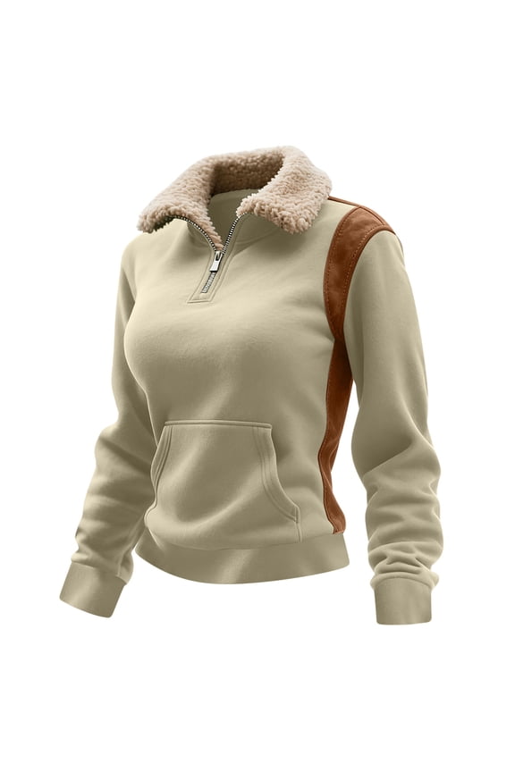 1/4 Zip Pullover Womens Winter Faux Suede Patchwork Sweater Tops Pocket Fuzzy Fleece Lapel Stand Collar Sweatshirt (2XL, Khaki)