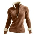 thumbnail image 1 of 1/4 Zip Pullover Womens Winter Faux Suede Patchwork Sweater Tops Pocket Fuzzy Fleece Lapel Stand Collar Sweatshirt (L, Brown), 1 of 6