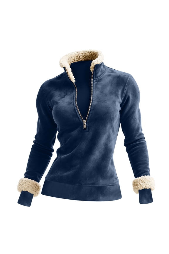 1/4 Zip Pullover Womens Winter Faux Suede Patchwork Sweater Tops Pocket Fuzzy Fleece Lapel Stand Collar Sweatshirt (S, Navy 02)
