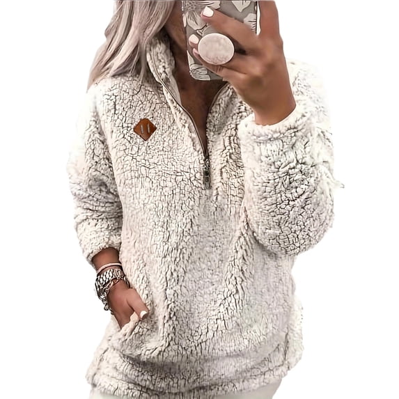 1/4 Zip Sherpa Fleece Sweaters for Women Winter Casual Warm Pullover Tops Pocket Long Sleeve Fuzzy Sweatshirts (2XL, Gray)