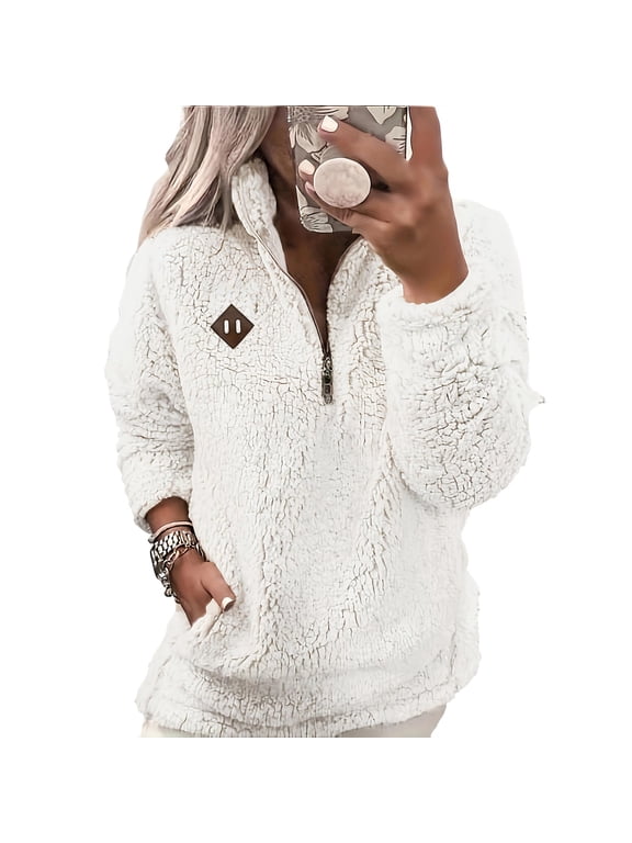 1/4 Zip Sherpa Fleece Sweaters for Women Winter Casual Warm Pullover Tops Pocket Long Sleeve Fuzzy Sweatshirts (2XL, White)