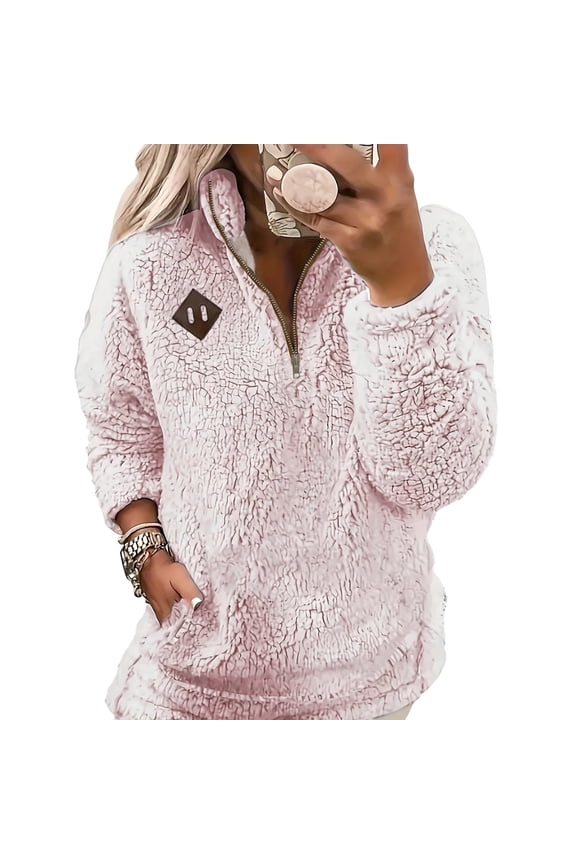 1/4 Zip Sherpa Fleece Sweaters for Women Winter Casual Warm Pullover Tops Pocket Long Sleeve Fuzzy Sweatshirts (M, Pink)