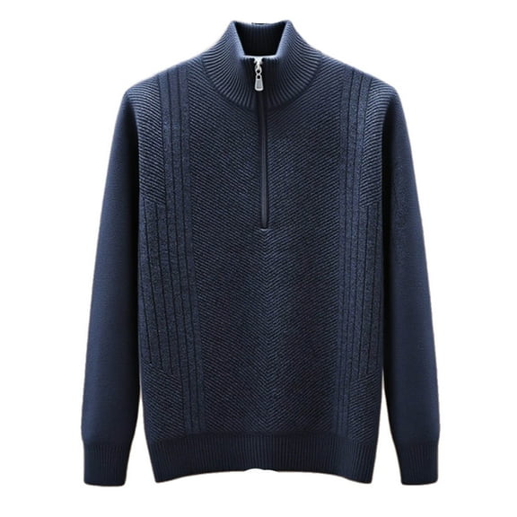 1/4 Zip Sweaters for Men Long Sleeve High Neck Knit Fleece Lined Heavyweight Solid Pullover Sweatshirt Jacket (M, Dark Blue)