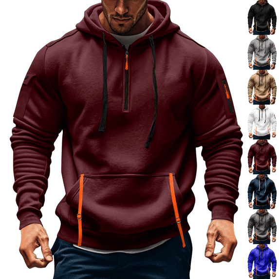 1/4 Zip Sweatshirt Mens Fleece Hoodie Casual Long Sleeve Zipper Pullover Wine L