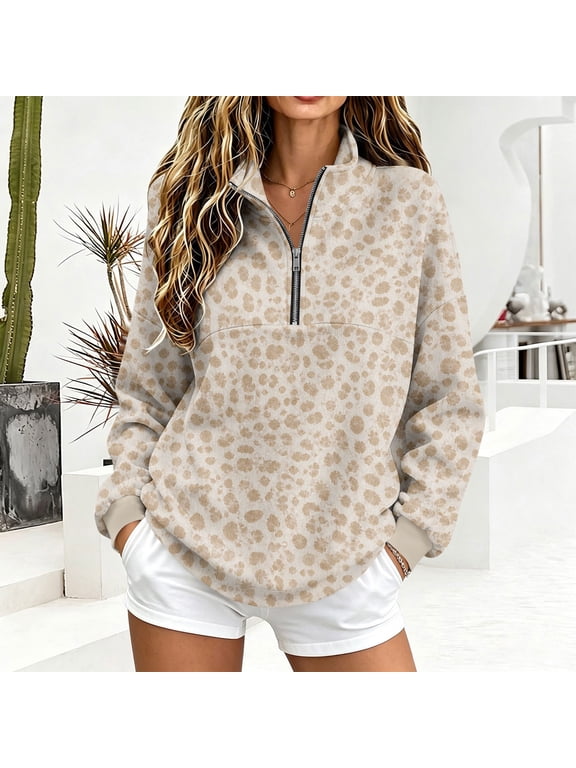 1/4 Zip Sweatshirt for Women Leopard Print Long Sleeve Pullover Stand Collar Loose Fit Casual Top