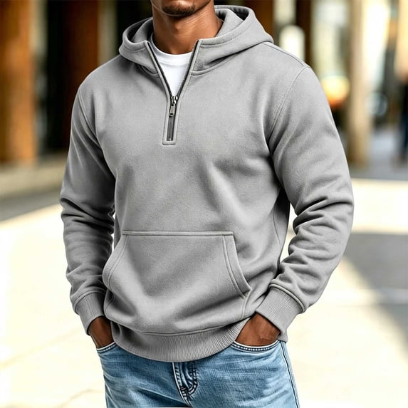 1/4 Zip Up Hoodies Men Long Sleeve Pullover Hoodie with Pocket Gray L