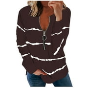 1/4 Zip V-Neck Pullover Striped Sweatshirts Loose Tunic Trendy Western Tops for Ladies Long Sleeve T Shirts Plus Size Tops Womens Fall Fashion Brown L
