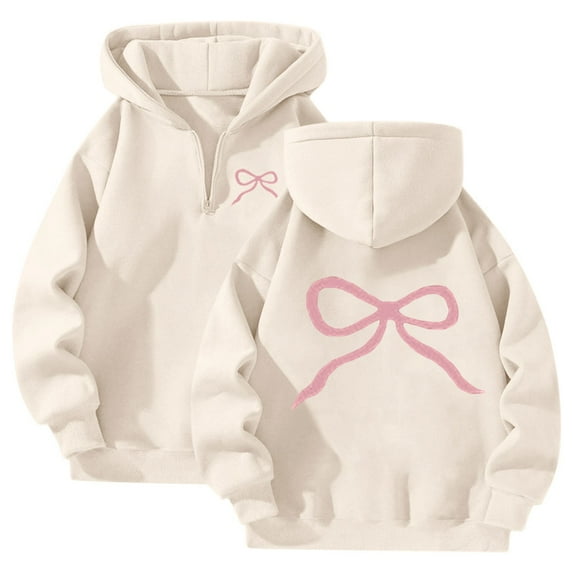 1/4 Zipper Oversized Sweatshirts for Women Pink Bow Hoodies Cute Preepy Graphic Sweatshirts Y2K Tops 2025 Pullover Fashion (Beige, L)
