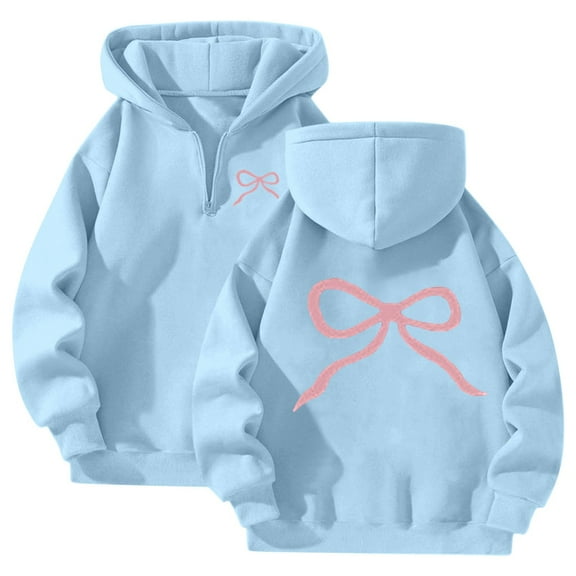 1/4 Zipper Oversized Sweatshirts for Women Fleece Pink Bow Hoodies Cute Preepy Graphic Sweatshirts Y2K Tops 2025 Pullover Fashion (Light Blue, M)