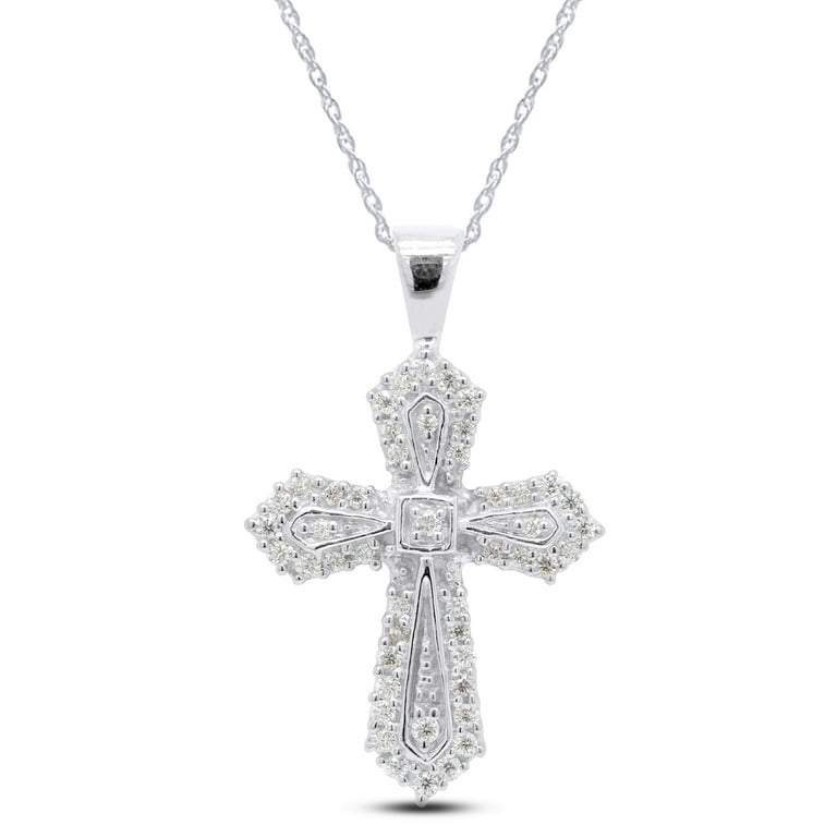 1/4 ct.t.w Round Cut Lab Created Moissanite Diamond Cross Pendant Necklace  In 10K Solid White Gold Jewelry For Women With 18