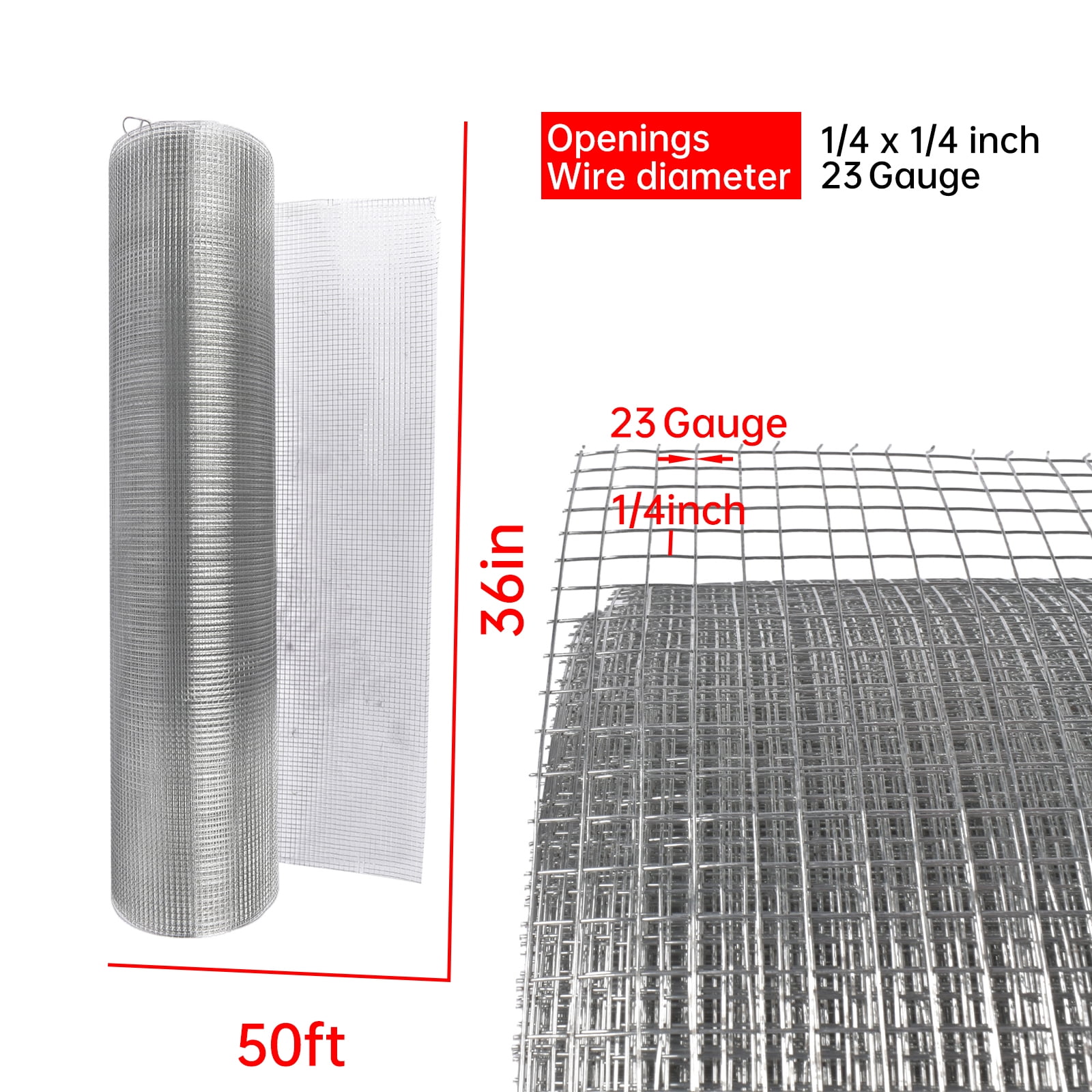 1/4-inch 36-inchx50-foot Chicken Wire, 23-Gauge Galvanized Welded Wire Mesh Roll: Fencing and Garden Netting for Poultry, Rabbits, Snakes, Gophers, Cages, Raised Beds, Veges, Trees, Birds, Quail