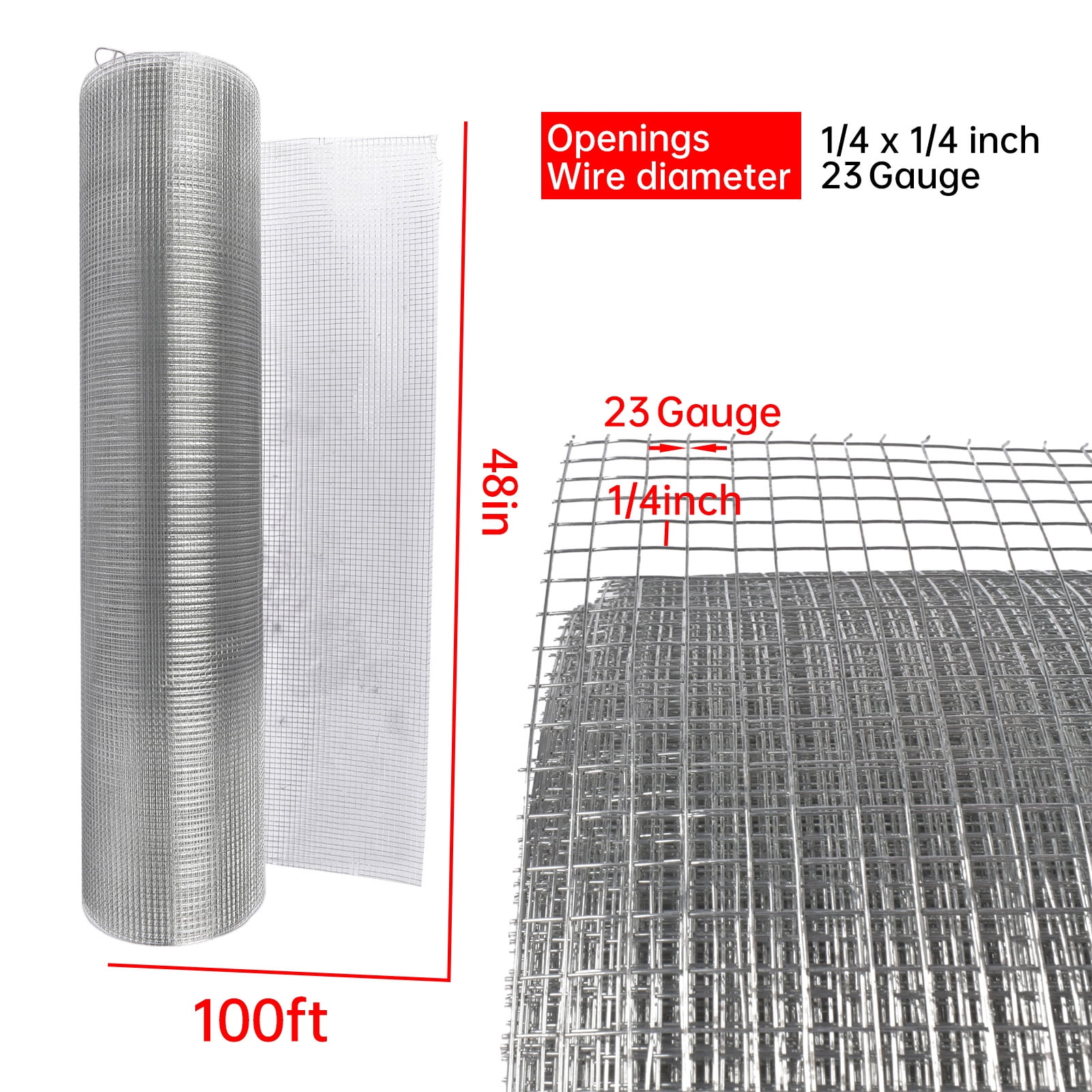 1/4-inch 48-inchx100-foot Chicken Wire, 23-Gauge Galvanized Welded Wire Mesh Roll: Fencing and Garden Netting for Poultry, Rabbits, Snakes, Gophers, Cages, Raised Beds, Veges, Trees, Birds, Quail