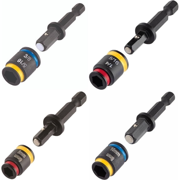 - 1/4 inch, 5/16 inch, 3/8 inch, 6 mm, 8 mm, 10 mm magnetic hex drivers 2 inches in length, 4-piece set, cleanable, reversible and metric flip sockets, impact hex chuck driver (1)