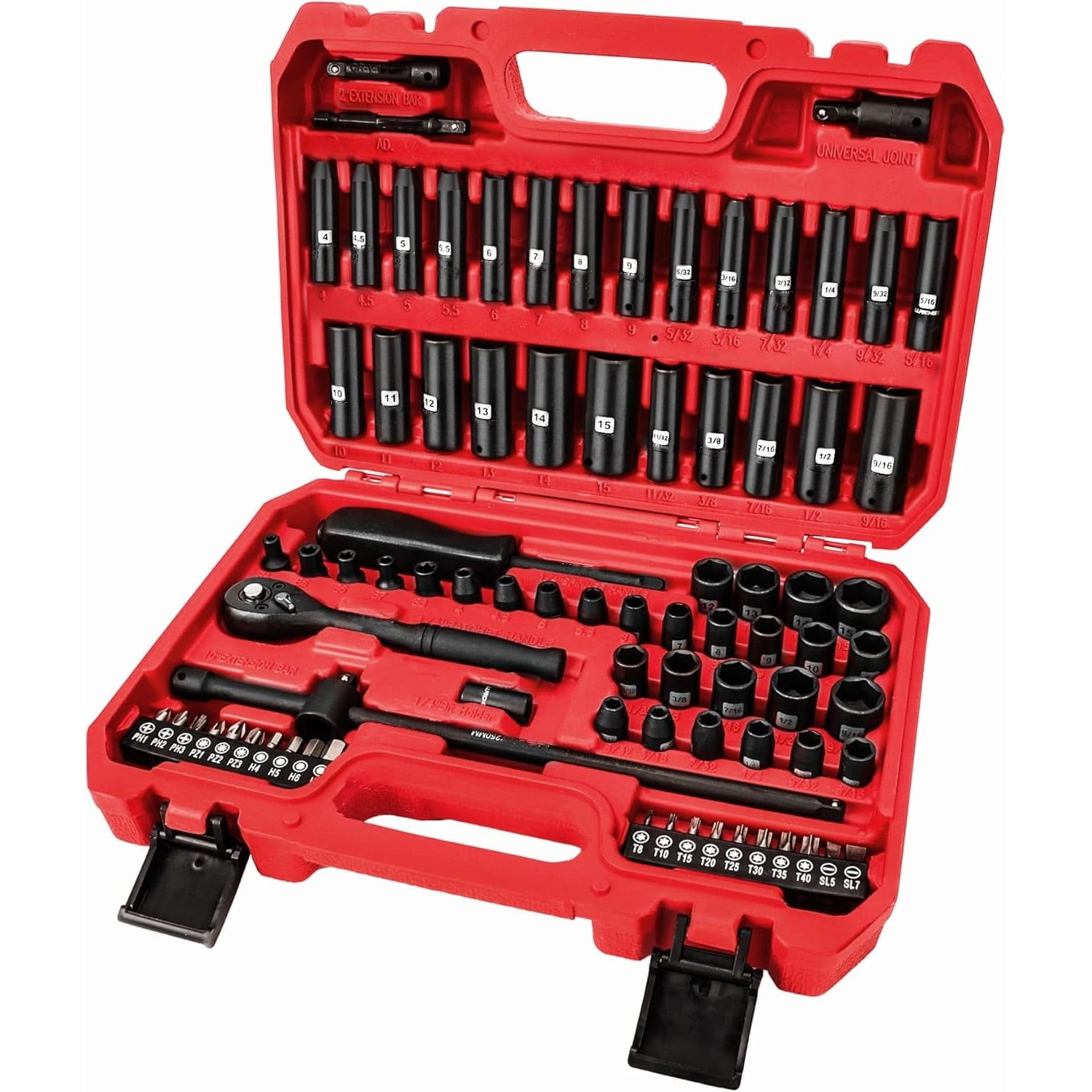 1/4 inch Drive Impact Socket Set 83 Piece,Standard SAE(5/32-9/16 inch) Metric Size(4-15mm),72T Ratchet Wrench Handle,CR-V Mechanics Tool Set with Adapter,Screwdriver Bits for Automotive Repair