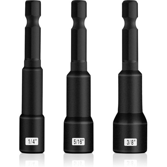 1/4 inch Magnetic Nut Driver Set, 3 Piece Impact Drill Driver Bit Set, Size 1/4", 5/16", 3/8", Quick-Change Hex Shank SAE Nut Driver, Cr-V Steel, Black Manganese Phosphate Coating