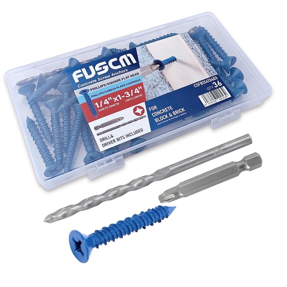 1/4" x 2-1/4" Concrete Screw Anchor,Phillips/Square Flat Head, Drill & Driver Bits Included, for Concrete, Block & Brick(36pcs/Box)