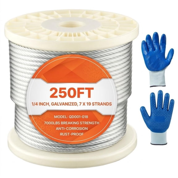 1/4" x 250 ft Wire Rope, Zinc Galvanized Carbon Steel Cable, 7000 lbs Breaking Strength, 7x19 Strands for Deck Railing, Garden Trellis, Includes Gloves