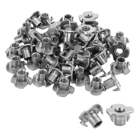1/4" x 3/8" T-Nuts, 50 Pcs 4 Pronged Tee Nuts Threaded Inserts for Wood Working Rock Climbing Holds Furniture Cabinetry, Silver