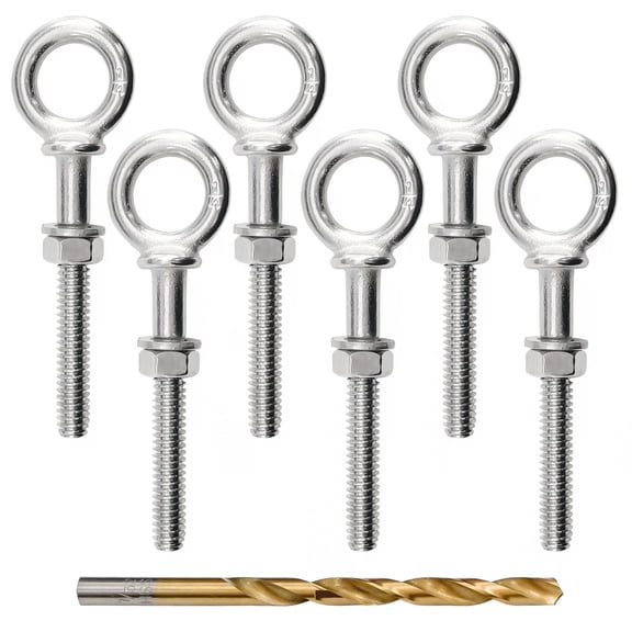 1/4" x 3" Eye Bolt T316 Stainless Steel Shoulder Lifting Ring Threaded Eyebolts with Nuts Washers and Drill Bit, 6pack, Silver