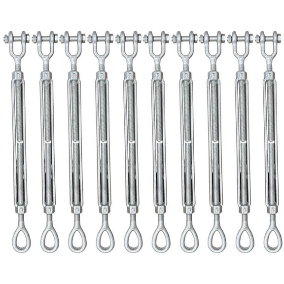 1/4" x 4" Drop Forged/Hot Dipped Galvanized Steel Eye/Jaw Turnbuckles for Wire Rope Cable - 10-Pack