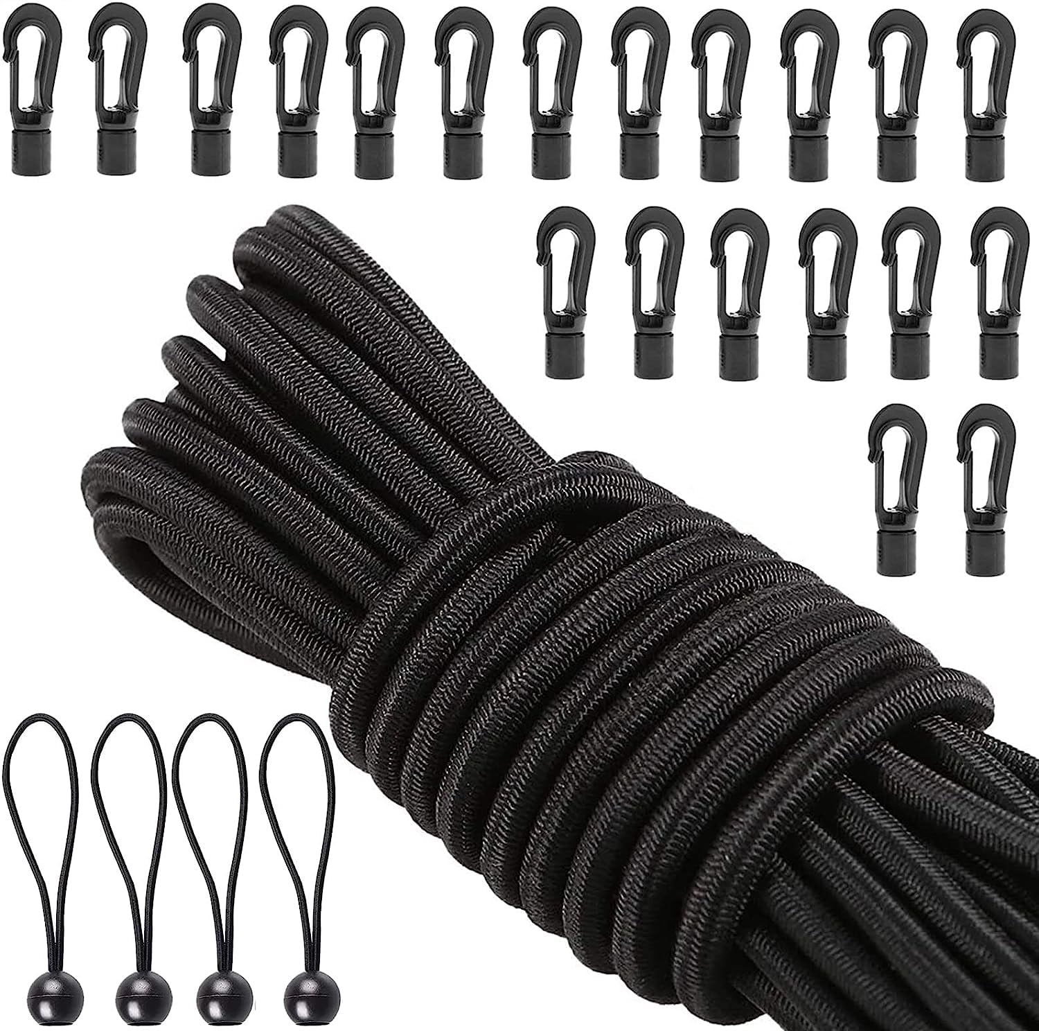1/4" x 52 ft Bungee Shock Cord, Elastic Kayak Stretch String Rope with Bungee Hooks, 4pcs Tie Down Trailer Strap for Kayaks Boat Camping Accessories, Outdoor