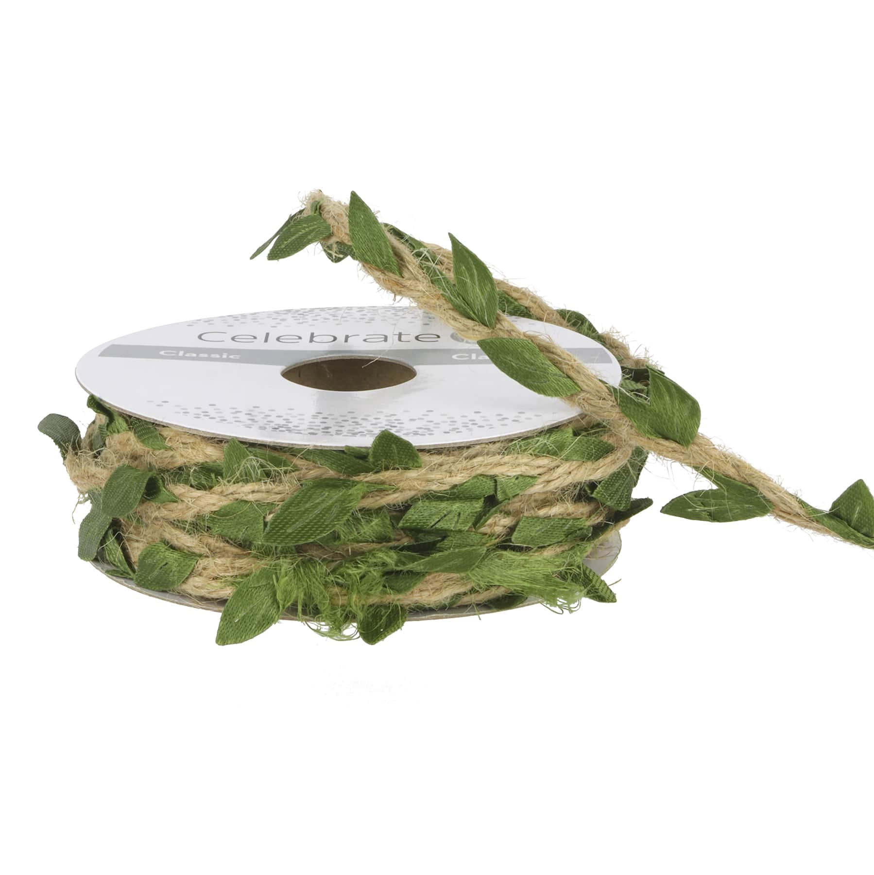 1/4" x 7yd. Brown Jute with Green Leaves Ribbon by Celebrate It – Braided Non-Wired Jute & Polyester - Ideal for Gift Wrapping - Baskets & Rustic Decor - 12 Pack