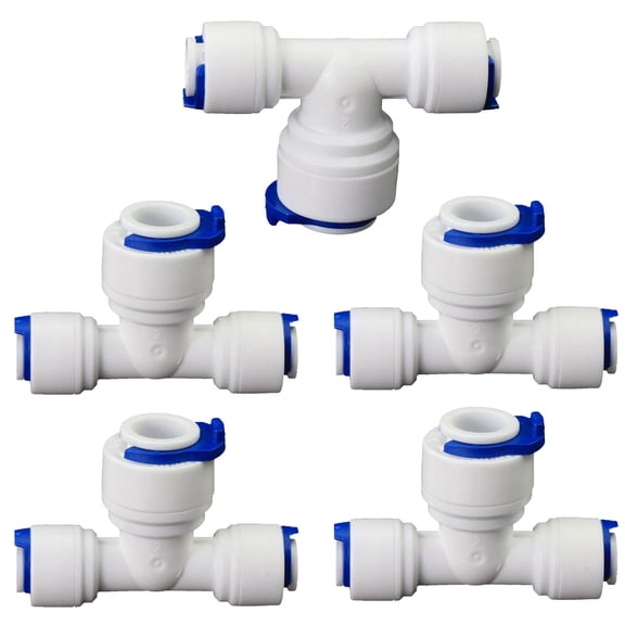 1/4"x3/8"x1/4" T-Shaped Quick Connect Tee, Plastic Push-In Fitting for RODI Water Purification System, 5 PCS